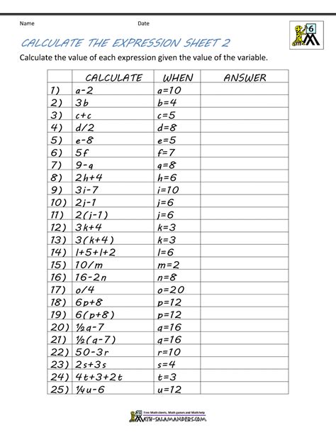 Basic Algebra Worksheets