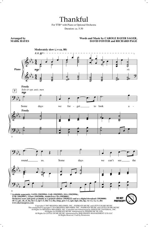 Thankful (arr. Mark Hayes) by Josh Groban Sheet Music for TTB Choir at Sheet Music Direct