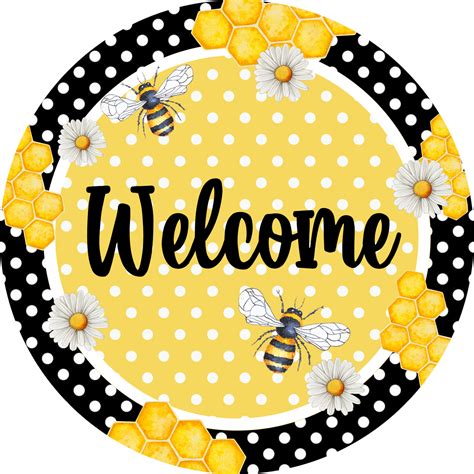 Welcome Bumblebees and Daisies with black swiss dot Metal Sign – Wreath Sign Designs