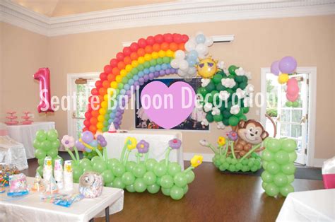 Rainbow and Blossom Arch for 1st birthday party | Seattle Balloon Decorations