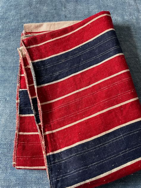 Vintage Striped Fabric for Upholstery or Pillow Covers. Red, Navy Blue ...