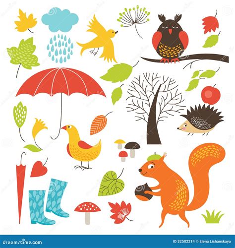 Set Of Cartoon Characters And Autumn Elements Stock Images - Image: 32502214