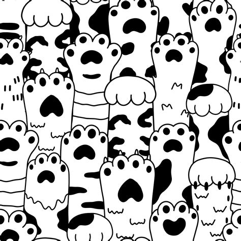 Cute cartoon black and white paw sketch seamless pattern 1308785 Vector ...