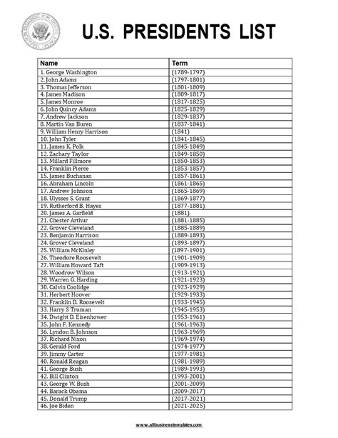 Complete List with Presidents of the United States | Templates at ...