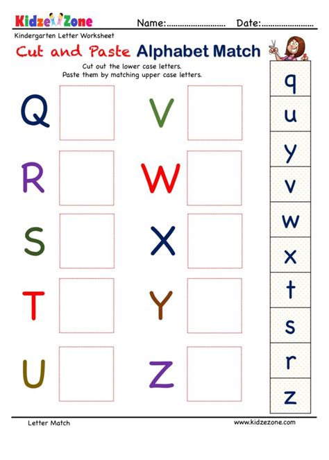 Preschool Letter Matching Cut and Paste Activity Worksheet Q to Z