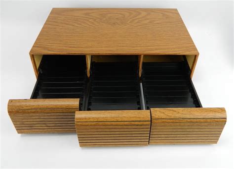 Vtg Audio Cassette Tape Holder Wood Grain 36 Tapes 3 Drawer Storage Box Cabinet # ...