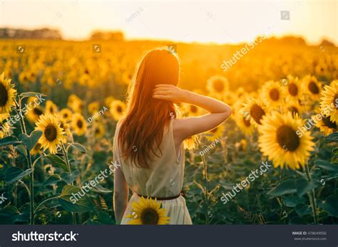 Young Redheaded Woman Field Sunflowers Stands Stock Photo 478649056 ...