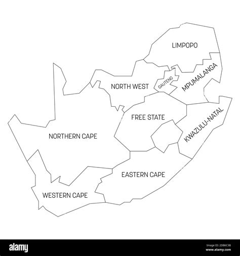 Black outline political map of South Africa, RSA. Administrative ...