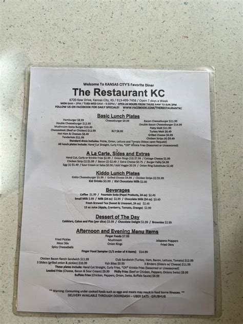 Menu at The Restaurant KC, Kansas City