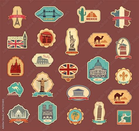 Travel stickers and symbols different countries Stock Vector | Adobe Stock