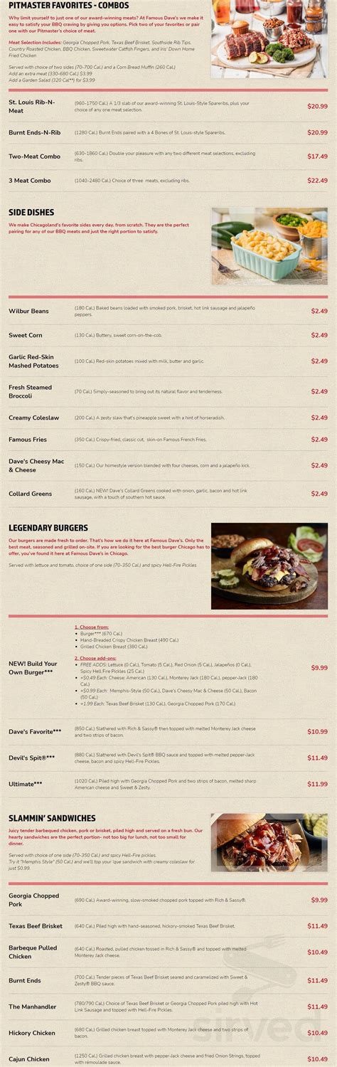 Famous Dave's BBQ menu in Bolingbrook, Illinois, USA