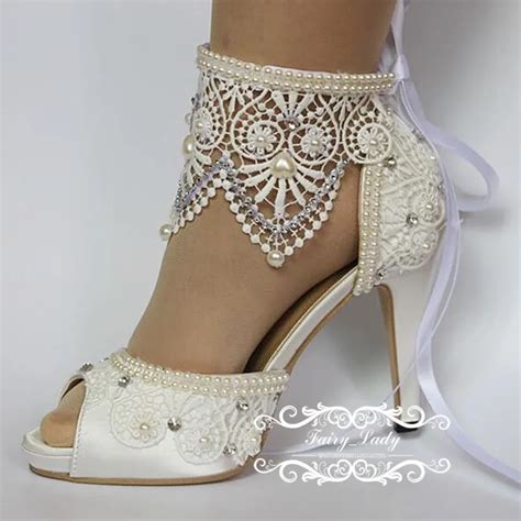 2017 White Peep Toe Lace Wedding Shoes With Adjustable Ribbon Luxury ...