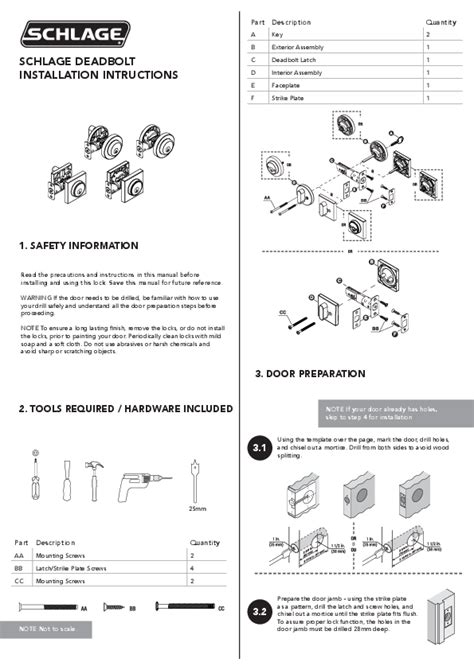 Schlage Deadbolt Installation Instructions | Safety Information | Door ...