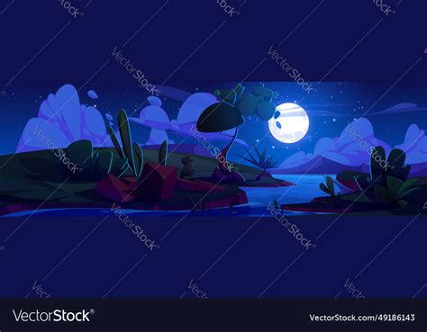 Cartoon landscape with winding river in night Vector Image