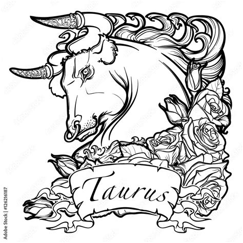 Zodiac sign of Taurus. with a decorative frame of roses Astrology concept art. Tattoo design ...