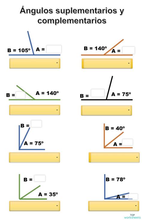 ÁNGULOS COMPLEMENTARIOS Y SUPLEMENTARIOS. Ficha interactiva | TopWorksheets