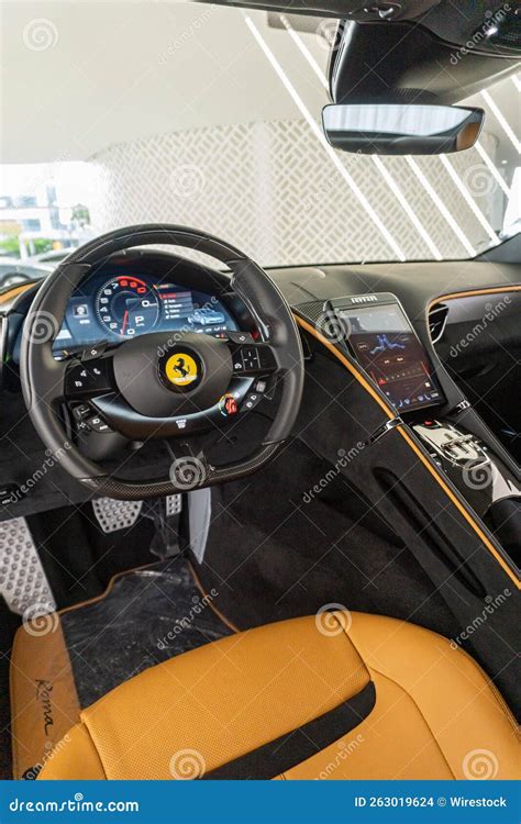 Interior View of a Ferrari Roma with a Dashboard, Digital Gauge Cluster ...