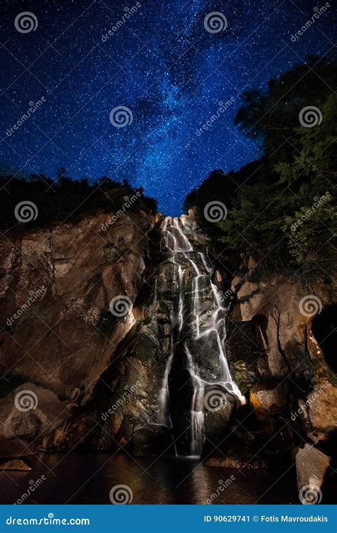 Waterfall at night stock image. Image of milkyway, drops - 90629741