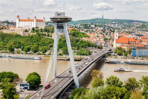 SNP Bridge Over Danube River and Panorama of Bratislava Editorial Stock Image - Image of travel ...