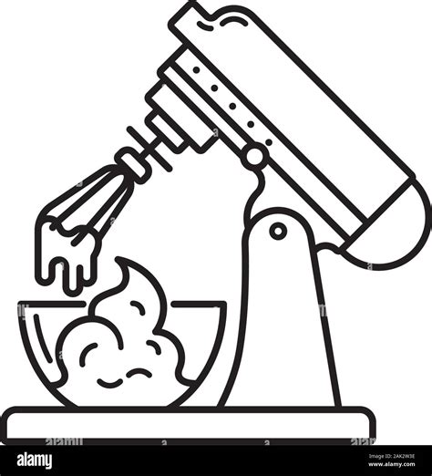 Kitchen mixer and bowl of whipped cream outline icon. Cooking appliance and sweet food vector ...