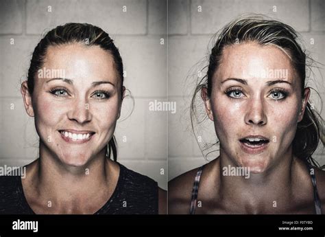 Portraits of young woman before and after workout Stock Photo - Alamy