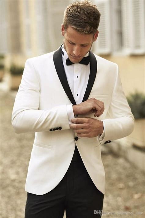 2015 Classic Groom Tuxedos White Jacket and Black Pants Two Button ...