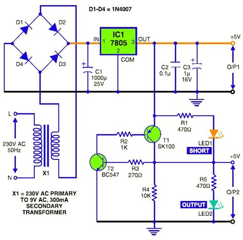 5V DC Regulated Power Supply with Short Circuit Protection - Schematic ...