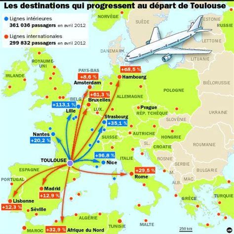 Toulouse airport destinations map - Map of Toulouse destinations airport (Occitanie - France)