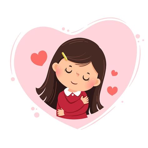 Premium Vector | Cartoon of a little girl hugging herself on pink heart ...