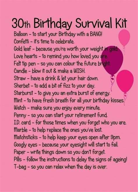 a pink birthday survival kit with balloons and the words 21st birthday ...