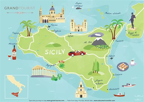 Illustrated map of Sicily for Grand Tourist on Behance | Tourist map, Illustrated map, Sicily