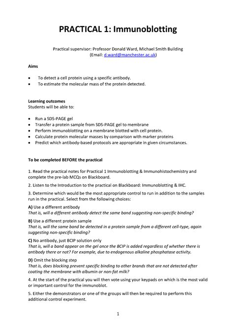 Practical 1 Immunoblotting Protocol 2023-2024 - PRACTICAL 1: Immunoblotting Practical supervisor ...