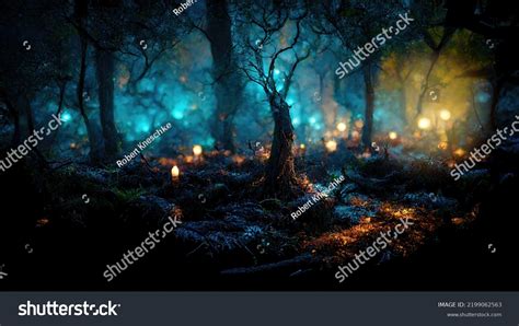 Mystical Dark Magical Forest Night Glowing Stock Illustration ...