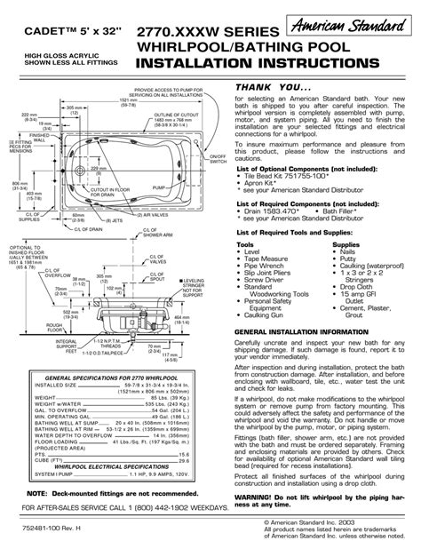 AMERICAN STANDARD CADET 2770.XXXW SERIES INSTALLATION INSTRUCTIONS Pdf Download | ManualsLib