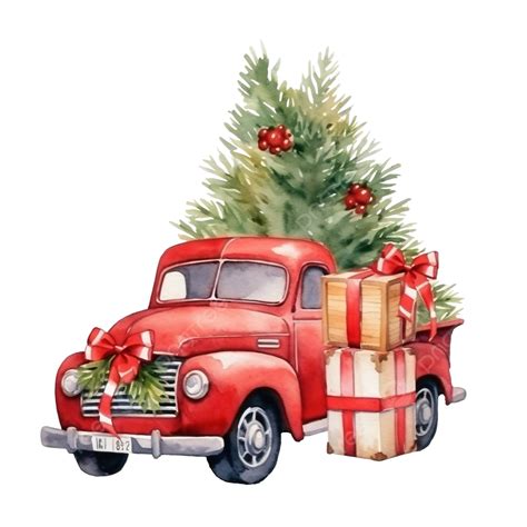 Watercolor Red Christmas Vintage Truck With Trees And Gifts, Red Truck, Old Truck, Hand Drawn ...