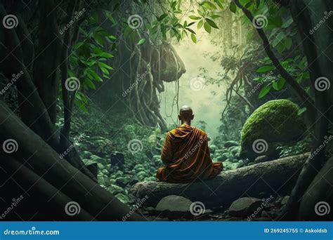 Tibetan Monk Sitting on a Stone Meditating in a Mountain Valley, Rear ...