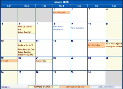 March 2028 Australia Calendar with Holidays for printing (image format)