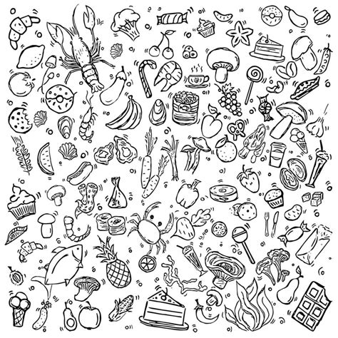 Set of icons on the theme of food. Food vector. Doodle vector with food icons on white ...