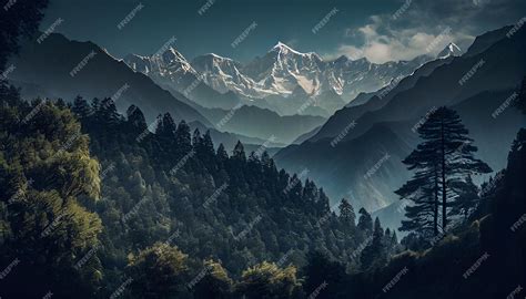 Premium AI Image | Dark Mountain with green trees painting landscape