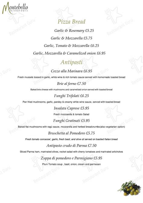 Menu at Montebello Ristorante restaurant, Horncastle