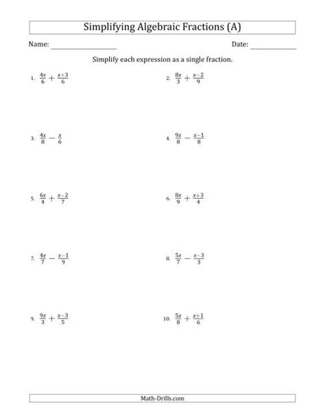 Simplifying Simple Algebraic Fractions (Easier) (A)