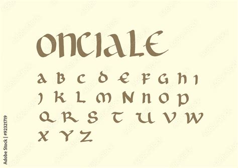 Uncial script font handwritten with ink and parallel pen. This ancient letters was used from the ...