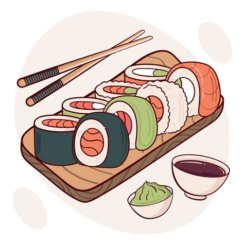 Draw sushi roll vector illustration. Japanese asian traditional food, cooking, menu concept ...