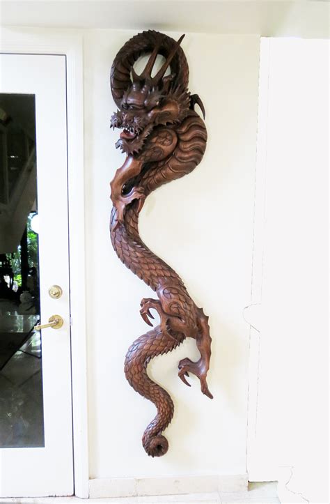 Huge Rare Wood Carved Wall Sculpture Japanese Dragon | Modernism