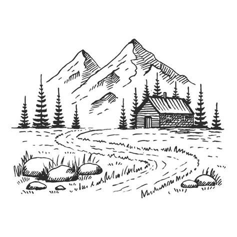 an ink drawing of a cabin in the mountains with trees and rocks on the ...