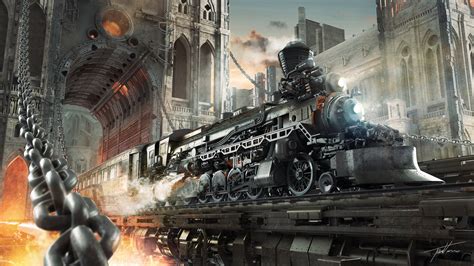 Fonds d'ecran Steampunk Train Monde fantastique Technique Fantasy Locomotive Chaîne Fantasy ...