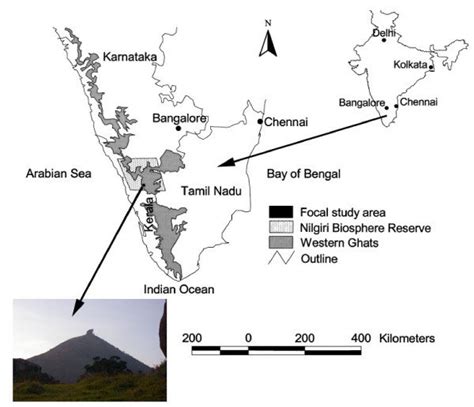 Location of the study site in the Velliangiri hills located on the...