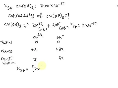 SOLVED: The Ksp of zinc hydroxide, Zn(OH)2, is 3.00 × 10^-17. Calculate the solubility of this ...