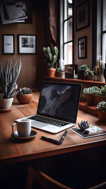 Premium AI Image | Laptop and coffee cup on wooden table in coffee shop ...