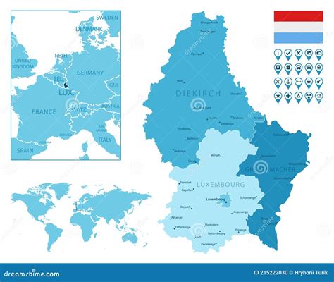 Luxembourg Detailed Administrative Blue Map with Country Flag and Location on the World Map ...